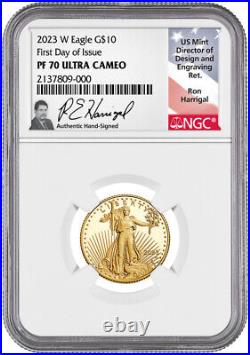 2023-W $10 Quarter Ounce Gold Eagle FDI NGC PF70 Ultra Cameo Ron Harrigal Signed