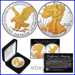 2024 1 OZ. 999 American Silver Eagle 24KT GOLD with Fine SILVER Background withBOX