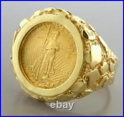 22K 1/10 oz AMERICAN EAGLE GOLD COIN 14K YELLOW GOLD MEN'S NUGGET RING HEAVY