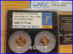 American Eagle 2021 1/10 oz Gold 2 Coin Set Designer NGC PF70 FDI FDOI COA/ BOX