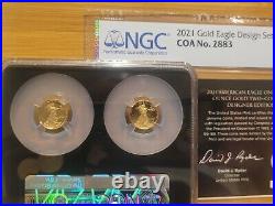 American Eagle 2021 1/10 oz Gold 2 Coin Set Designer NGC PF70 FDI FDOI COA/ BOX