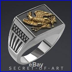 American Usa Eagle Ring Silver Sterling 925 Ring With 24k-Gold-Plated Parts