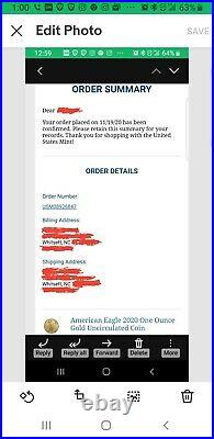 Confirmed! American Eagle 2020 One Ounce Gold Uncirculated Coin