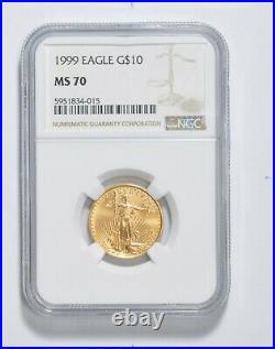 MS70 1999 $10 American Gold Eagle 1/4 Oz. 999 Fine Gold Graded NGC 3322