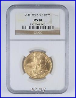 MS70 2008-W $25 American Gold Eagle 1/2 Oz. 999 Fine Gold Graded NGC 2360