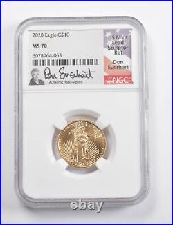 MS70 2020 $10 American Gold Eagle 1/4 Oz. 999 Gold Signed Everhart NGC 3462