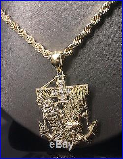 Men's New 10k Yellow Gold 26 Rope Chain 10k American Eagle Anchor Charm With