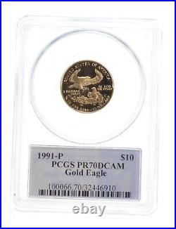 PR70 DCAM 1991-P $10 American Gold Eagle 1/4 Oz Fine Gold Graded PCGS 3701