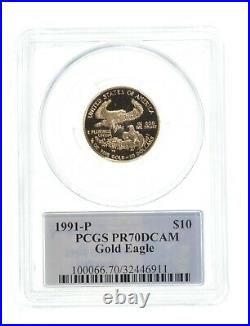 PR70 DCAM 1991-P $10 American Gold Eagle 1/4 Oz Fine Gold Graded PCGS 3702
