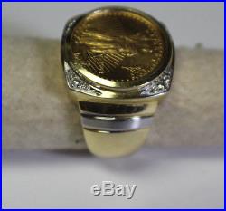SOLID 14kT GOLD 1/10 AMERICAN GOLD EAGLE COIN DIAMOND MANS RING DC145/ELM