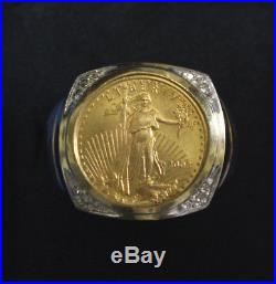 SOLID 14kT GOLD 1/10 AMERICAN GOLD EAGLE COIN DIAMOND MANS RING DC145/ELM