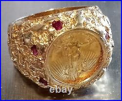Solid 14k Yellow Gold 21.6 Gr Men's Coin RING with1986 American Eagle 1/10 Size 12