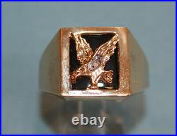 VINTAGE 10K YELLOW GOLD DIAMOND & ONYX AMERICAN EAGLE Sz10 BIKER RING 5.1gr