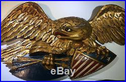 Vintage 19th C 43 FolkArt Wood Carved American Gold Eagle American Flag Bellamy