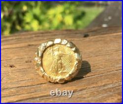 Vtg 14k 1/10 $5 Five dollar Gold American Coin Eagle Mens Nugget Ring Size 9.25