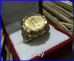 Vtg 14k 1/10 $5 Five dollar Gold American Coin Eagle Mens Nugget Ring Size 9.25